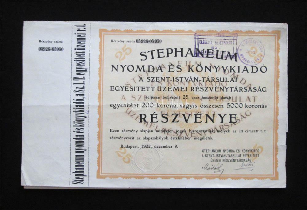 Stephaneum Nyomda - Szent István Társulat 25x részvény 1922